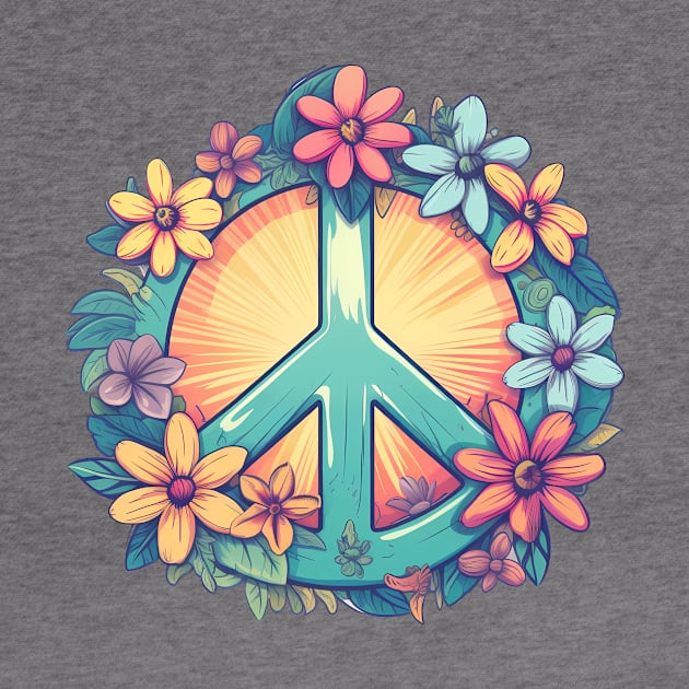 Groovy retro peace sign with pastel flowers by Unelmoija